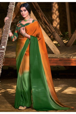 Ombre chiffon saree in Orange and Green color